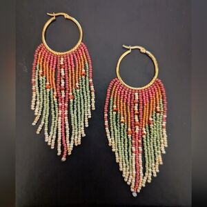 Boho Beaded Fringe Earrings – Miyuki – Handmade – Gold Hoop – Statement